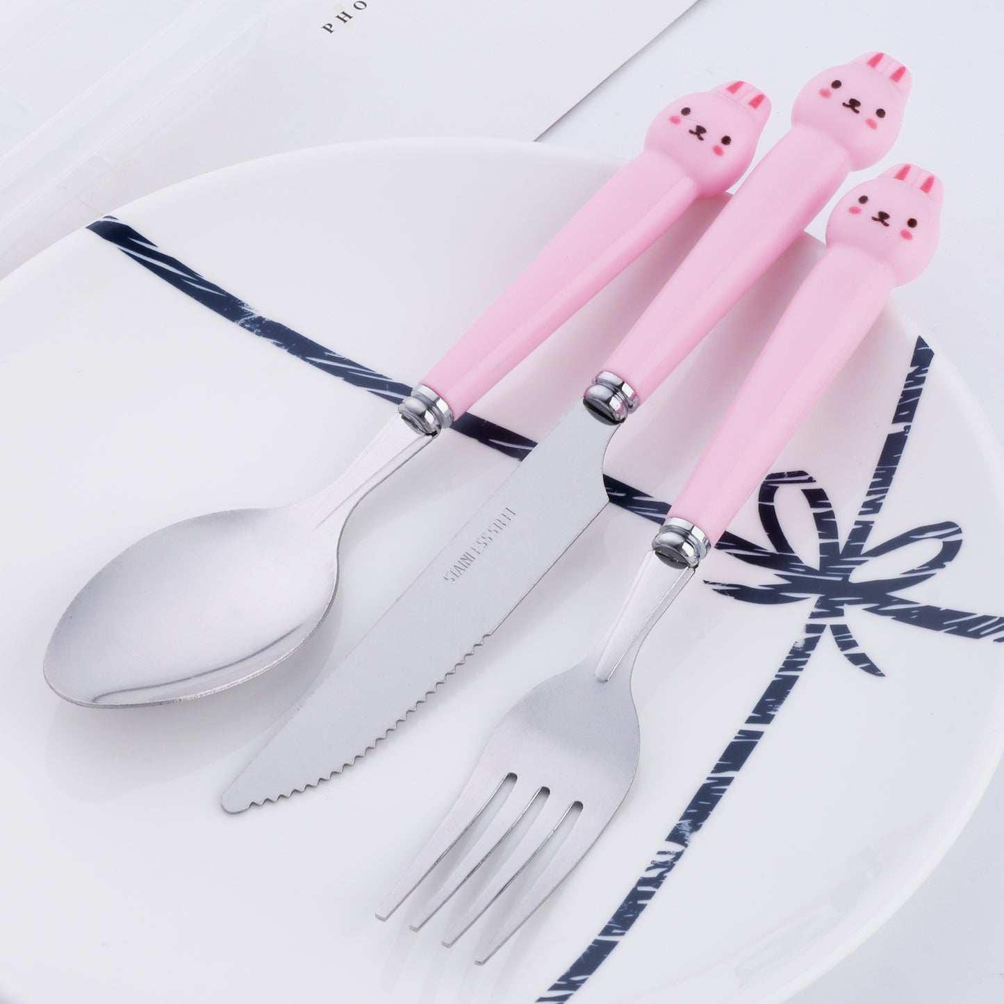 Cartoon rabbit handle, stainless steel kitchen knife, fork, spoon, tableware set, 3-piece portable tableware set, silver, pink