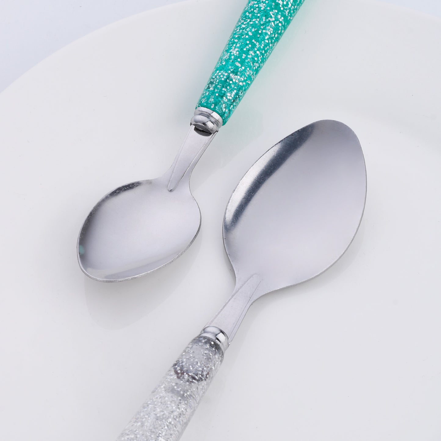 4 Pieces Stainless Steel Flatware Set Round Handles Decorated with Glitter, Silvery, Golden