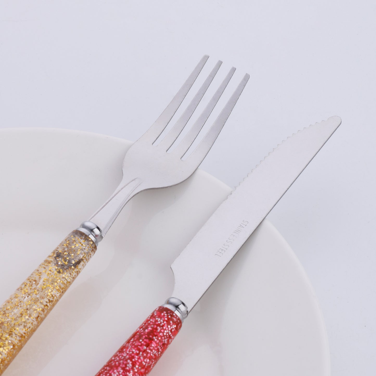 4 Pieces Stainless Steel Flatware Set Round Handles Decorated with Glitter, Silvery, Golden