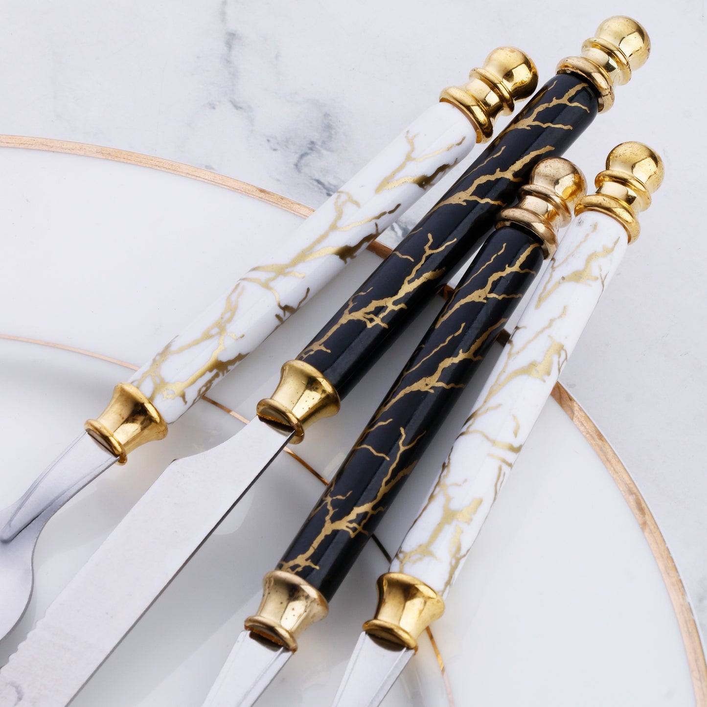 4-piece stainless steel cutlery set, marble textured knives, forks, spoons, dessert spoons, stainless steel cutlery set, white, black