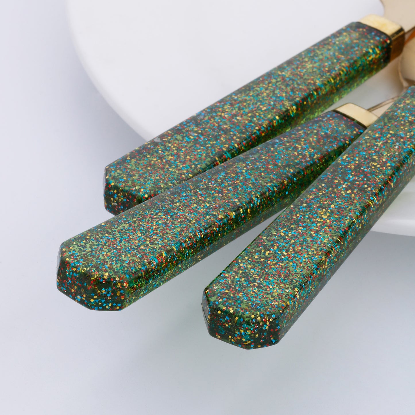 3 Pieces Set Stainless Steel Golden Tableware Square Handles with Decorated Glitter