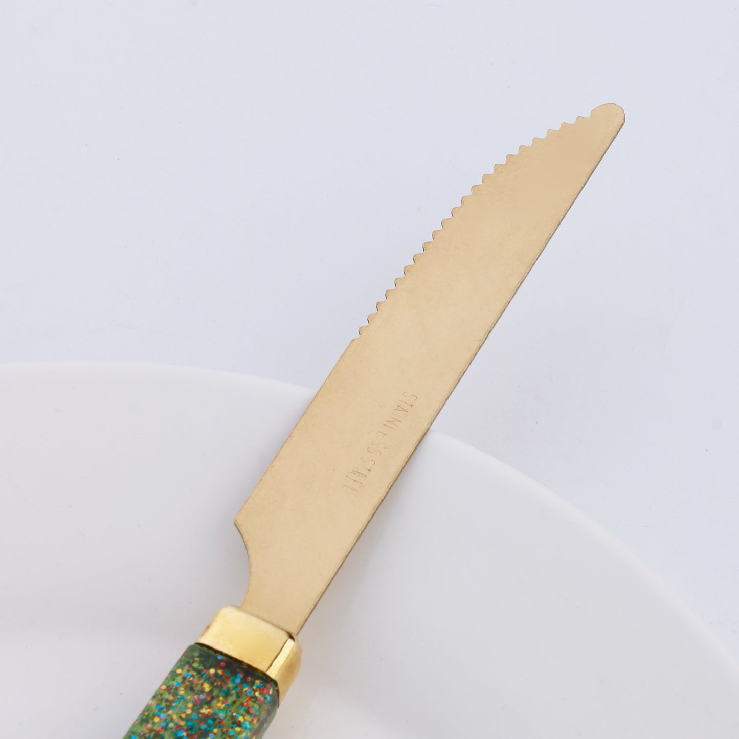 3 Pieces Set Stainless Steel Golden Tableware Square Handles with Decorated Glitter