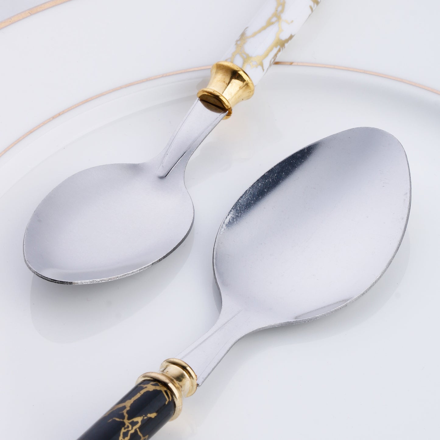 4-piece stainless steel cutlery set, marble textured knives, forks, spoons, dessert spoons, stainless steel cutlery set, white, black