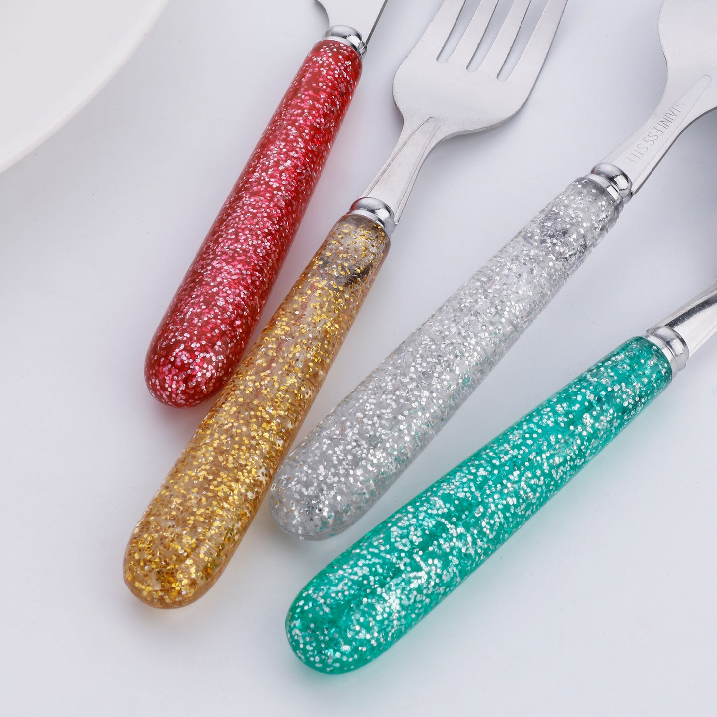 4 Pieces Stainless Steel Flatware Set Round Handles Decorated with Glitter, Silvery, Golden
