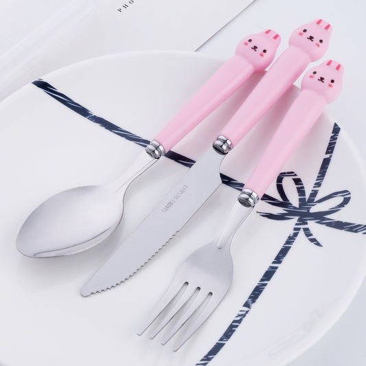 Cartoon rabbit handle, stainless steel kitchen knife, fork, spoon, tableware set, 3-piece portable tableware set, silver, pink