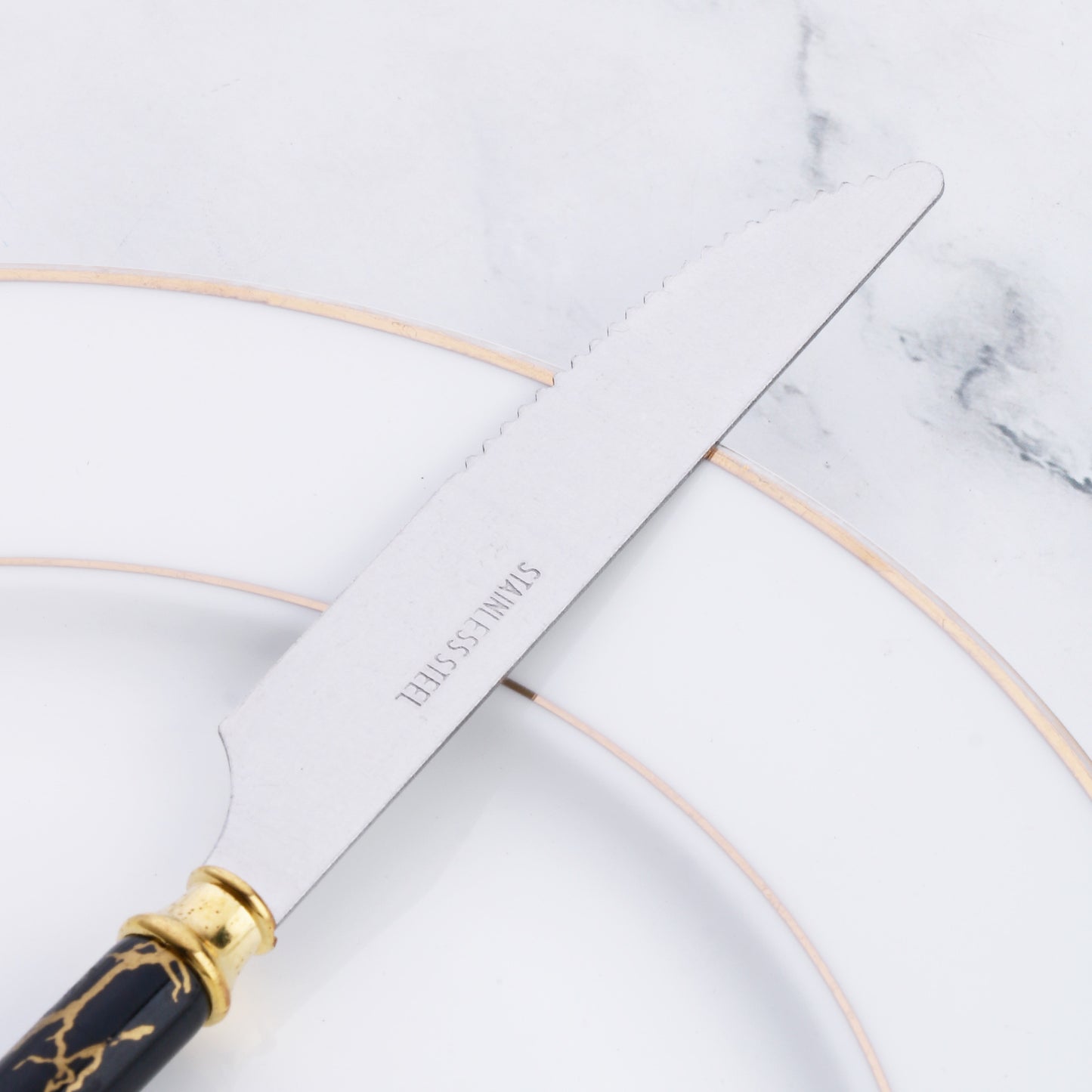 4-piece stainless steel cutlery set, marble textured knives, forks, spoons, dessert spoons, stainless steel cutlery set, white, black