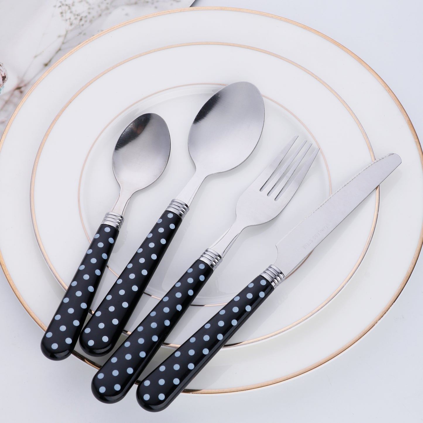 3-piece stainless steel cutlery knife fork spoon portable set, spotted striped handle creative stainless steel cutlery set, silvery