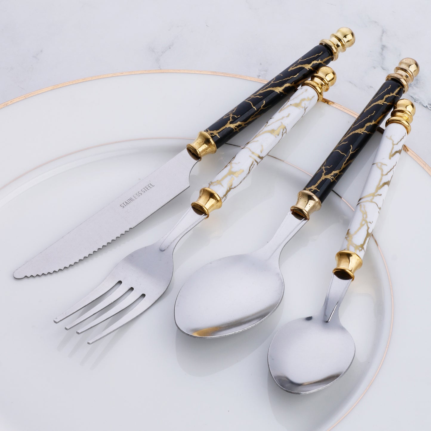 4-piece stainless steel cutlery set, marble textured knives, forks, spoons, dessert spoons, stainless steel cutlery set, white, black