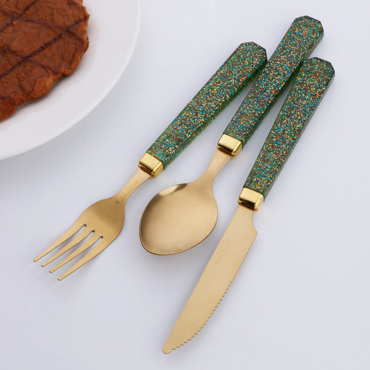 3 Pieces Set Stainless Steel Golden Tableware Square Handles with Decorated Glitter