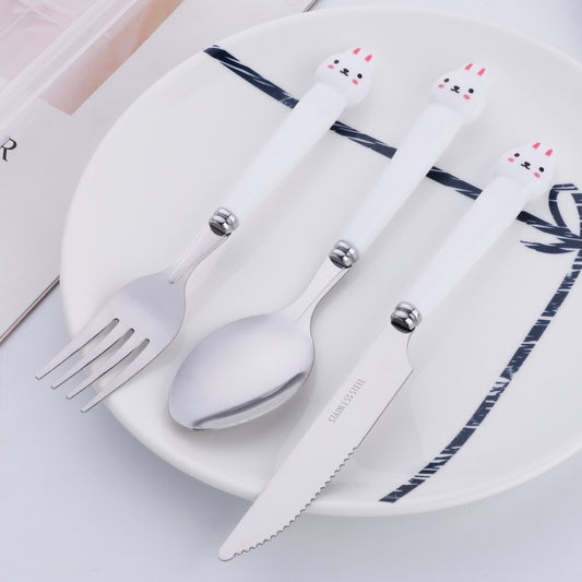 Cartoon rabbit handle, stainless steel kitchen knife, fork, spoon, tableware set, 3-piece portable tableware set, silver, pink