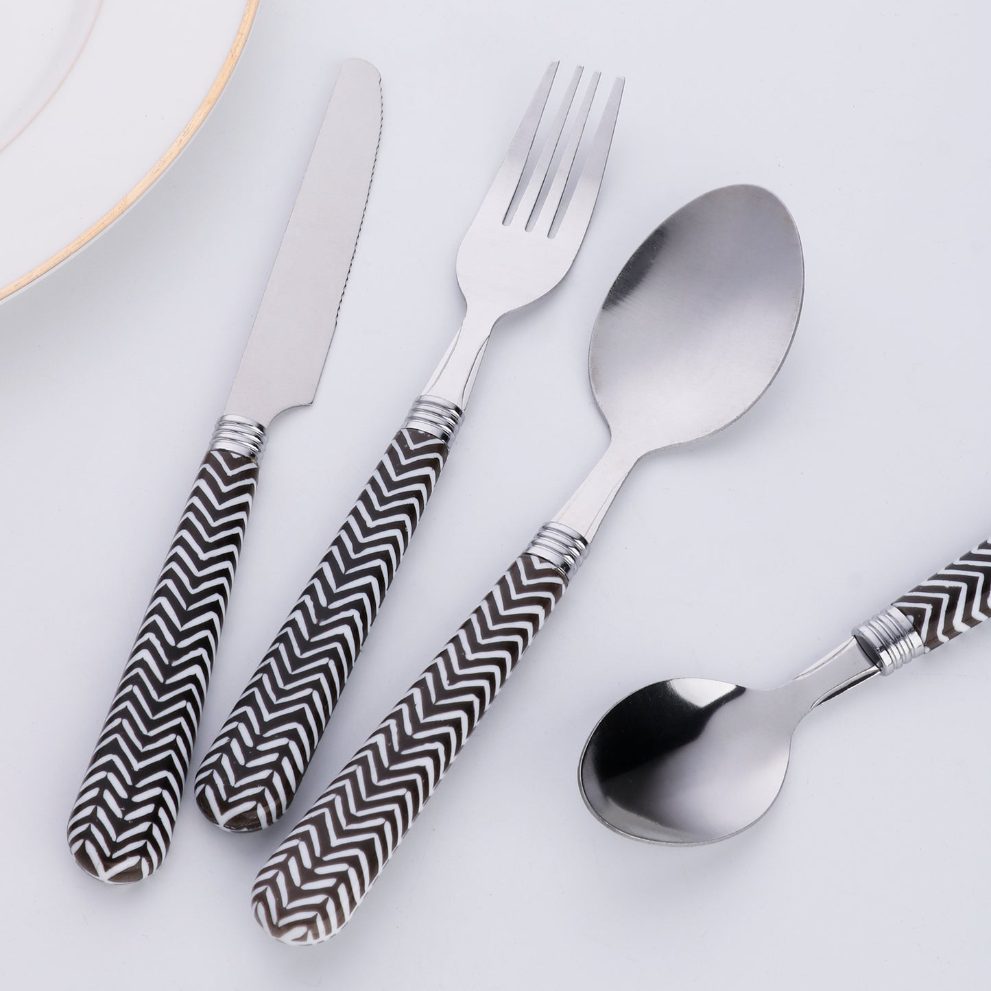 3-piece stainless steel cutlery knife fork spoon portable set, spotted striped handle creative stainless steel cutlery set, silvery