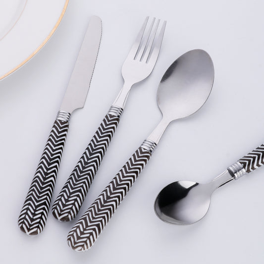 3-piece stainless steel cutlery knife fork spoon portable set, spotted striped handle creative stainless steel cutlery set, silvery