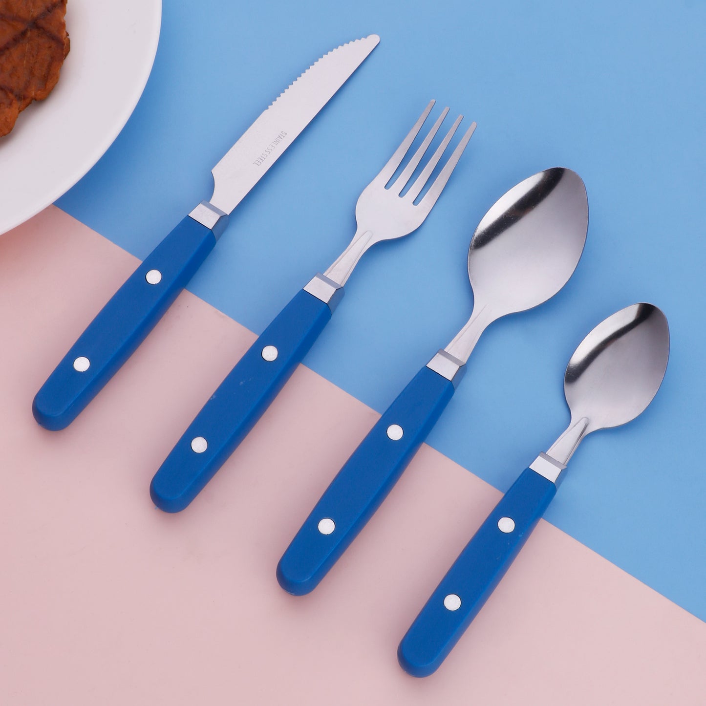 4-Pieces Stainless Steel Cutlery Set with Plastic Decorated Square Handle, Stripes Handle, Texture Handle Tableware