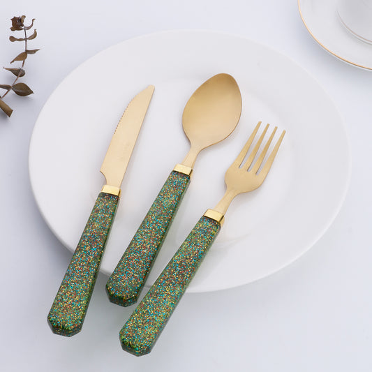 3 Pieces Set Stainless Steel Golden Tableware Square Handles with Decorated Glitter