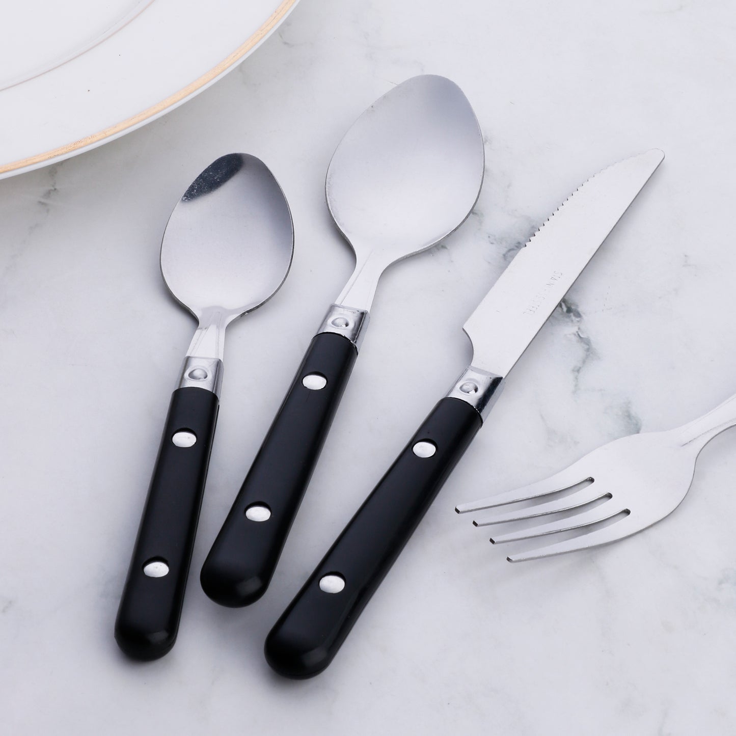 4 Pieces Black Handle Flatware Set, Durable Stainless Steel Dinner Knife, Dinner Fork, Dinner Spoon , Desset Spoon Set, for Picnic, Home Party, School Student, Easy Wash