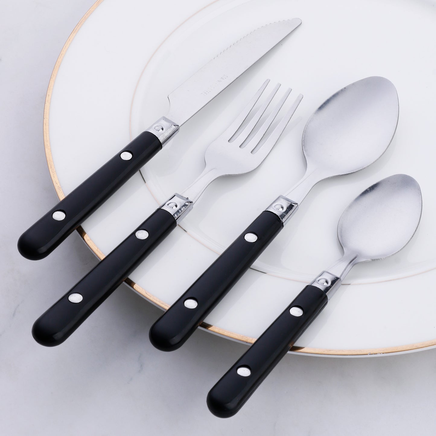 4 Pieces Black Handle Flatware Set, Durable Stainless Steel Dinner Knife, Dinner Fork, Dinner Spoon , Desset Spoon Set, for Picnic, Home Party, School Student, Easy Wash