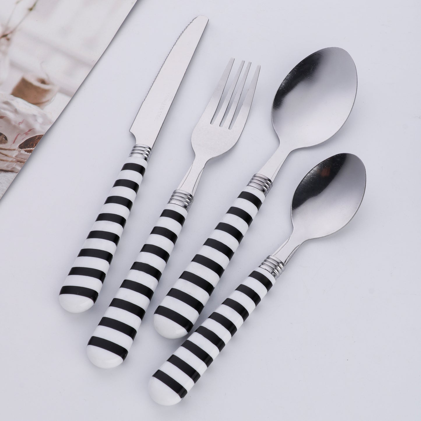 3-piece stainless steel cutlery knife fork spoon portable set, spotted striped handle creative stainless steel cutlery set, silvery