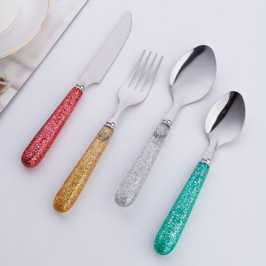 4 Pieces Stainless Steel Flatware Set Round Handles Decorated with Glitter, Silvery, Golden