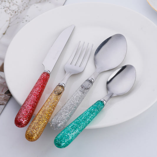 4 Pieces Stainless Steel Flatware Set Round Handles Decorated with Glitter, Silvery, Golden