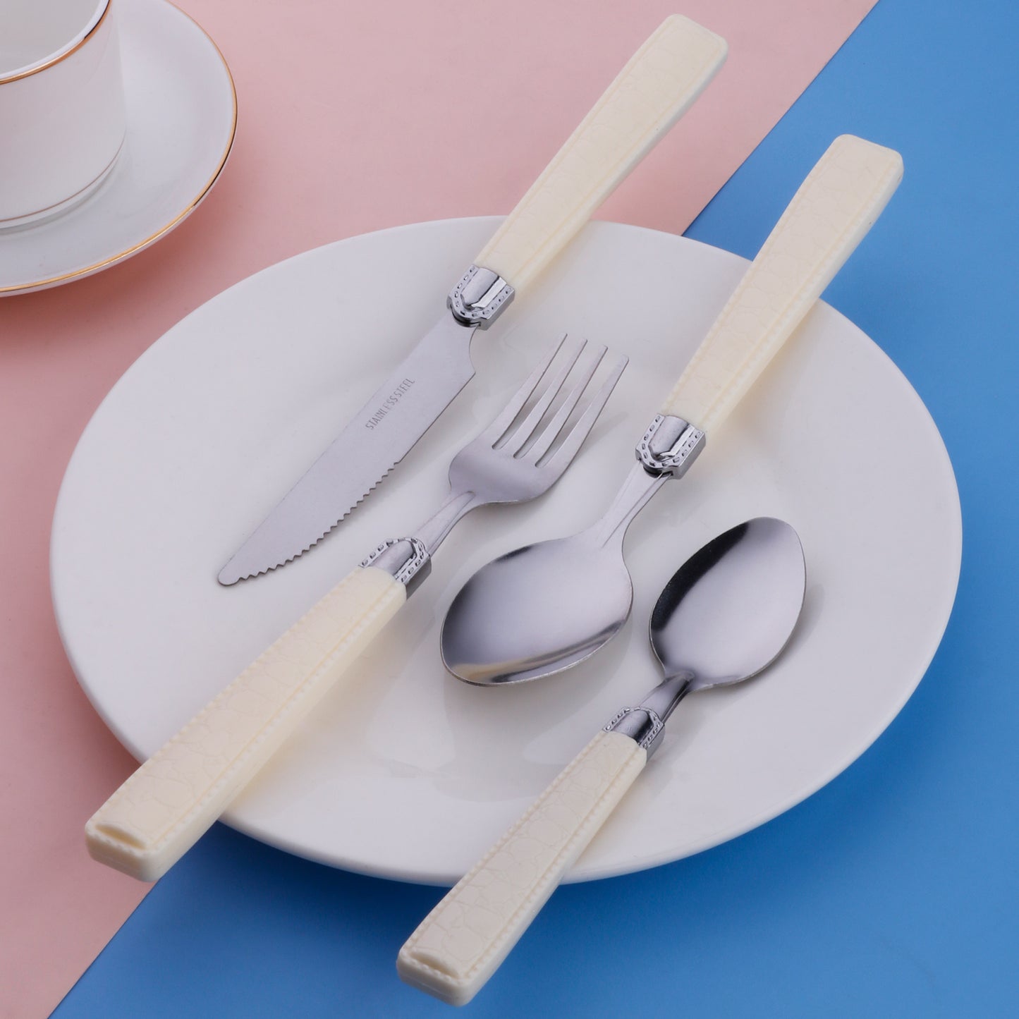 4-Pieces Stainless Steel Cutlery Set with Plastic Decorated Square Handle, Stripes Handle, Texture Handle Tableware