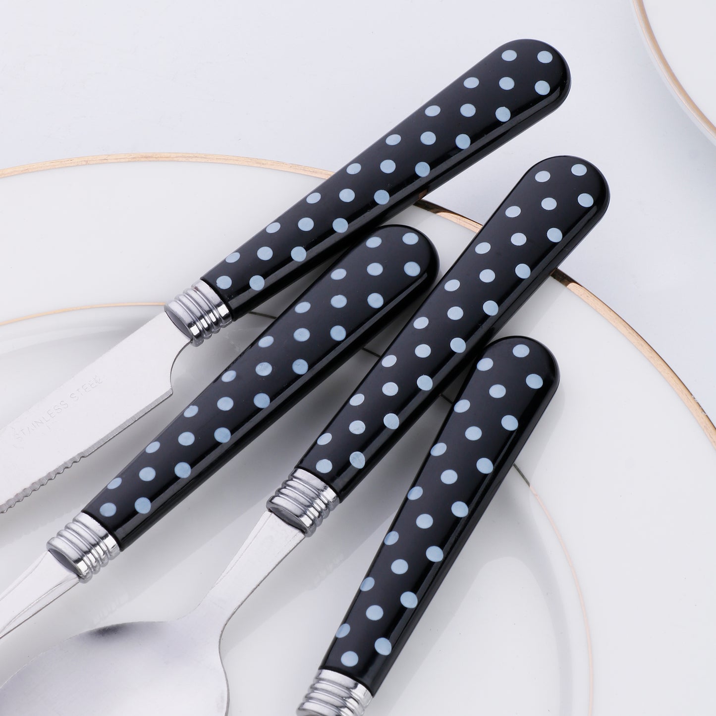 3-piece stainless steel cutlery knife fork spoon portable set, spotted striped handle creative stainless steel cutlery set, silvery