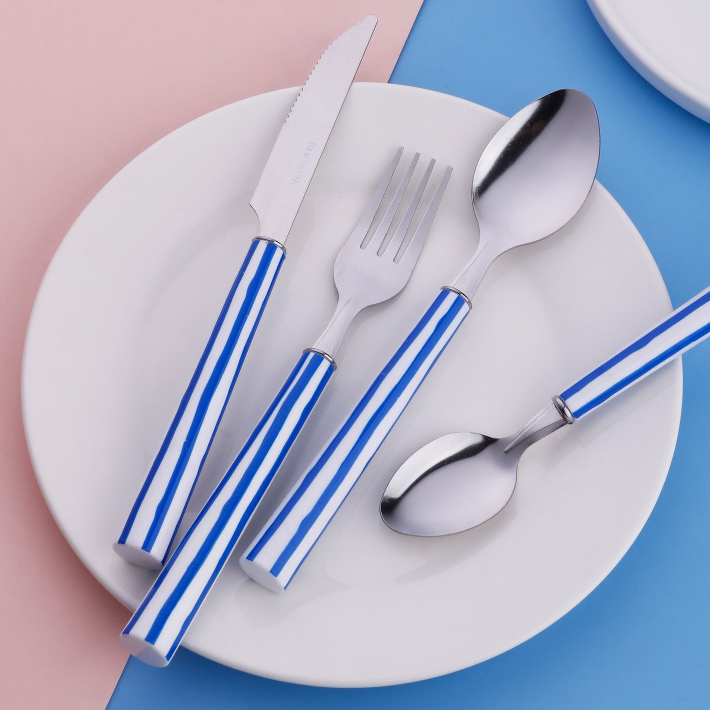 4-Pieces Stainless Steel Cutlery Set with Plastic Decorated Square Handle, Stripes Handle, Texture Handle Tableware