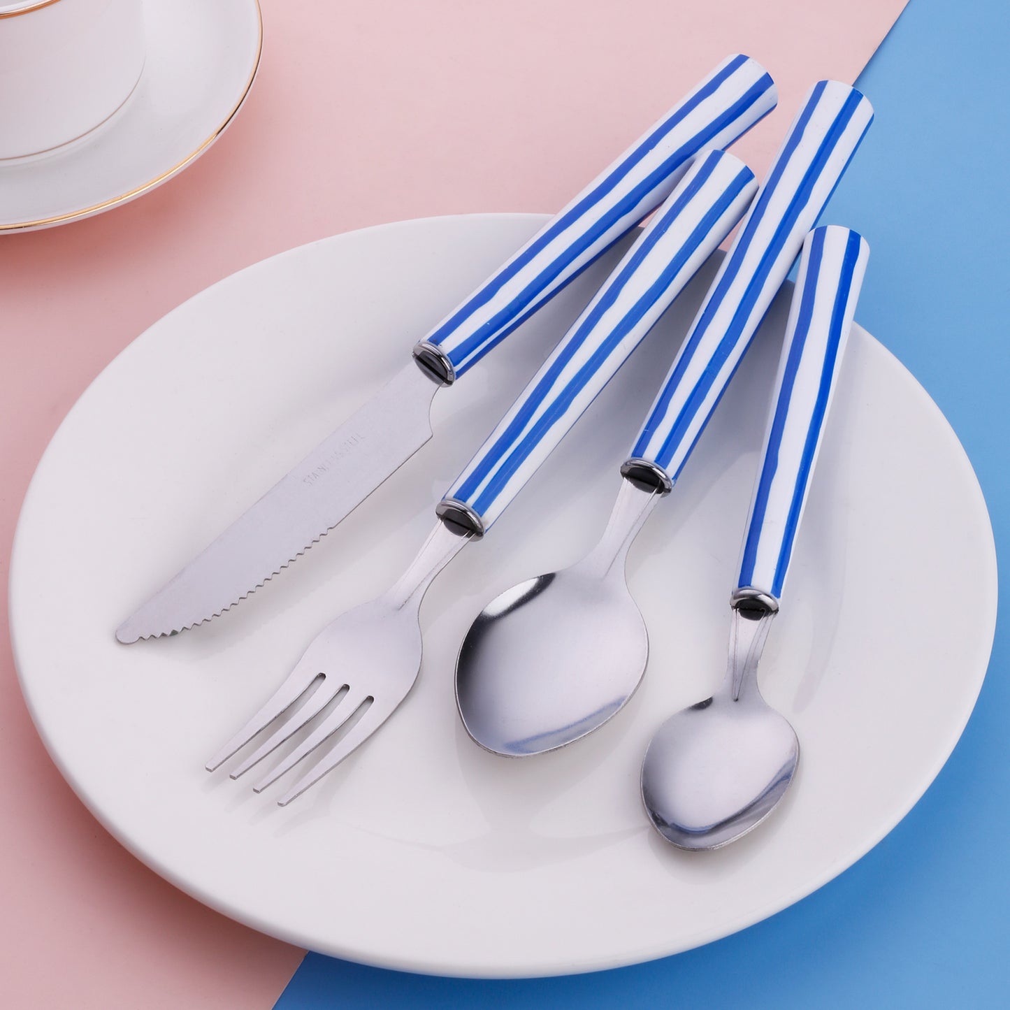 4-Pieces Stainless Steel Cutlery Set with Plastic Decorated Square Handle, Stripes Handle, Texture Handle Tableware